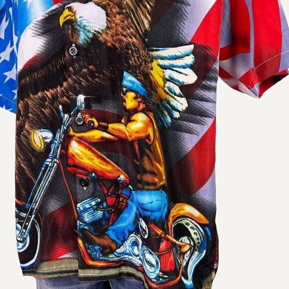 Vintage Patriotic Men Shirt XL Sapphire All Over Print Biker USA Flag Motorcycle - Picture 2 of 6
